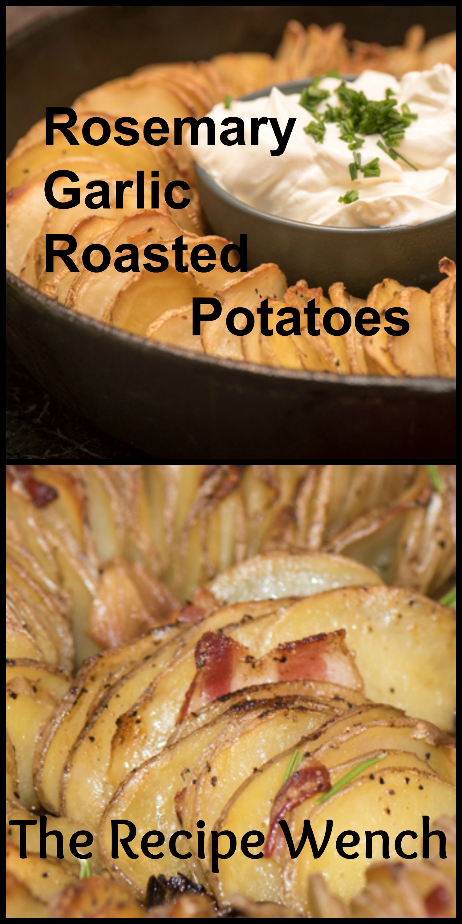 Rosemary garlic roasted potatoes - super tasty and simple. Thinly slice potatoes and layer in ovenproof dish for a pretty presentation. Top with sour cream | The Recipe Wench