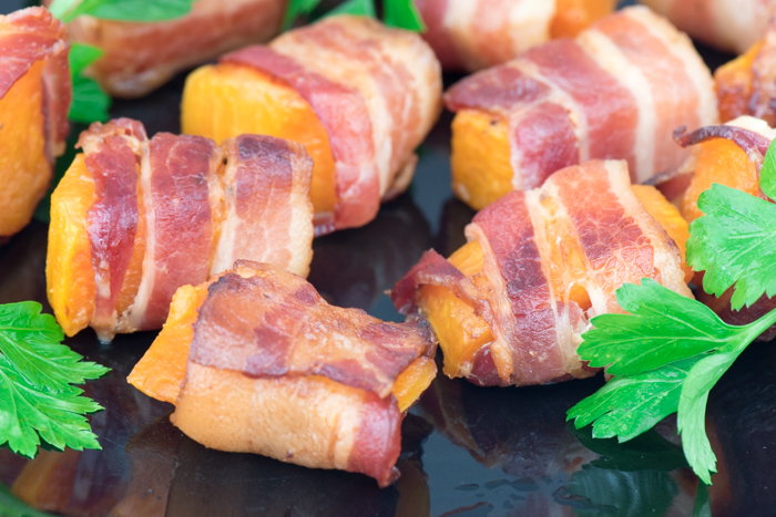 This bacon and butternut squash appetizer is a tasty combination of flavors and textures -- creamy, sweet butternut squash pairs excellently with crunchy, salty, smoky bacon. | The Recipe Wench