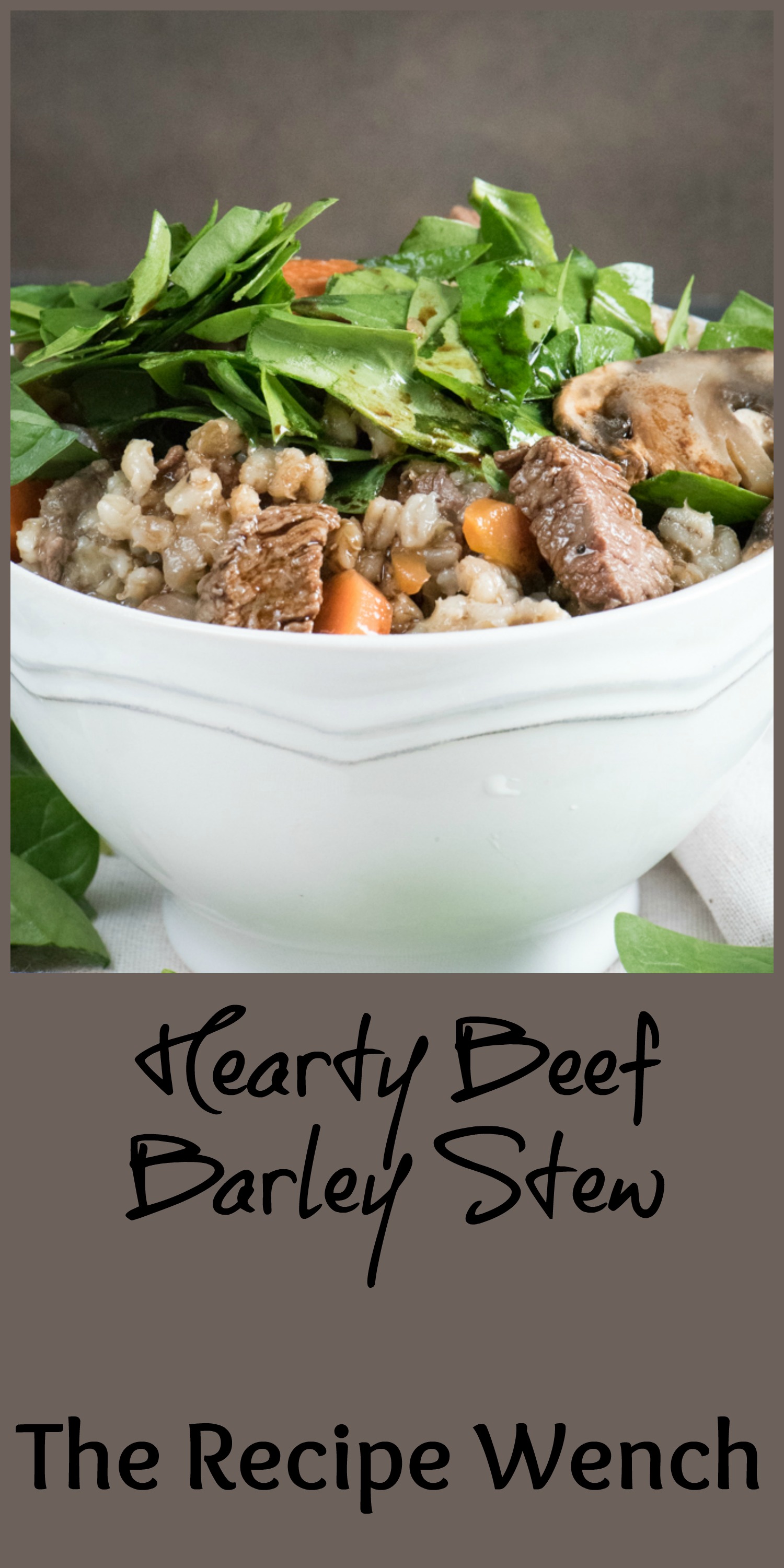 Hearty beef barley stew with mushrooms and spinach. Easy comfort food! | The Recipe Wench