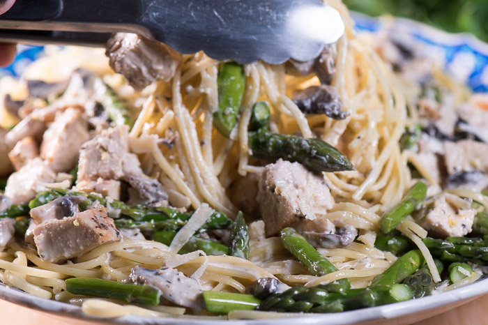 Lemon chicken pasta with asparagus -- look how delicious! I've added mushrooms and loads of fresh grated parmesan.